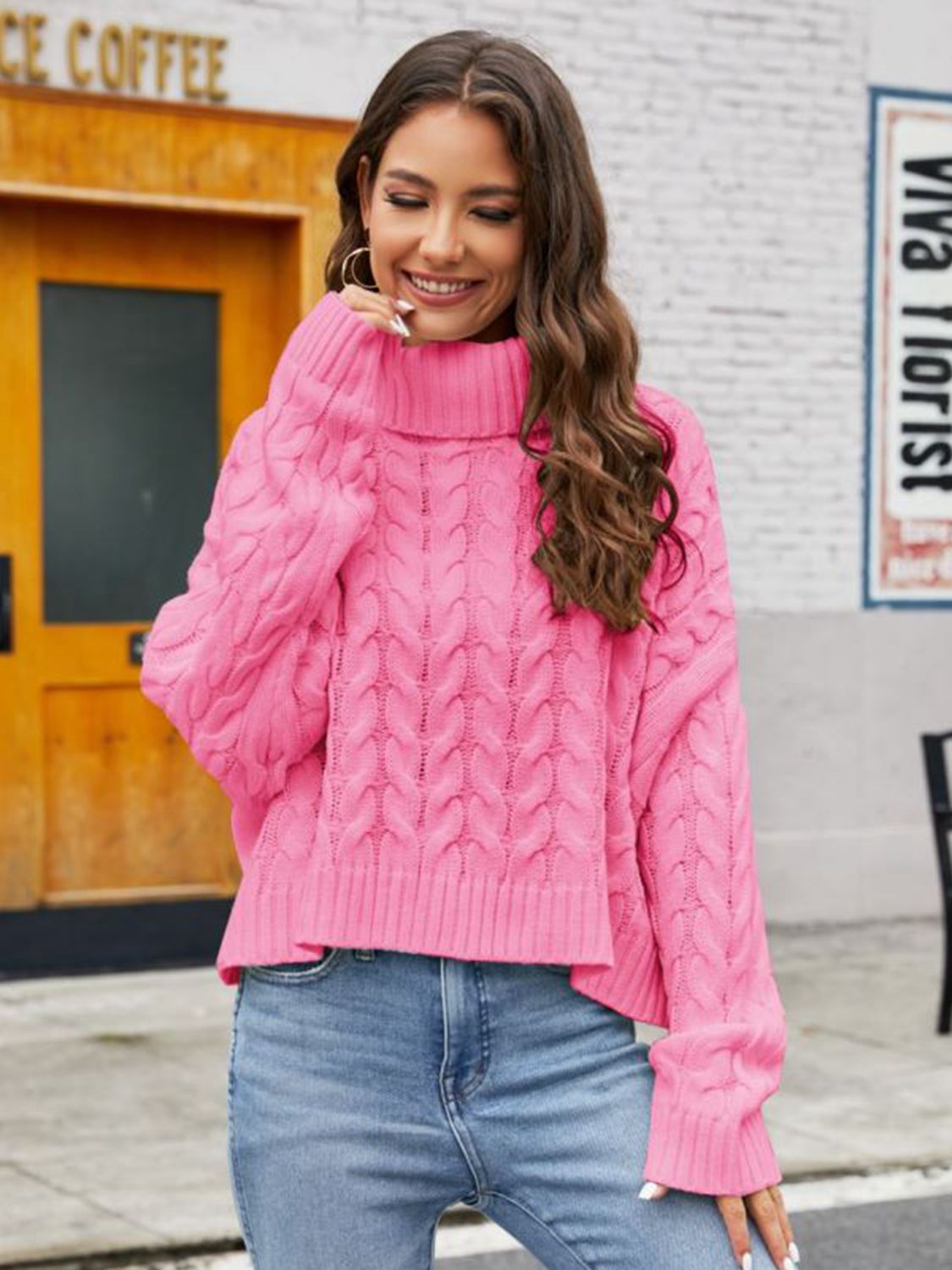 Turtle Neck Cable-Knit Sweater Pink