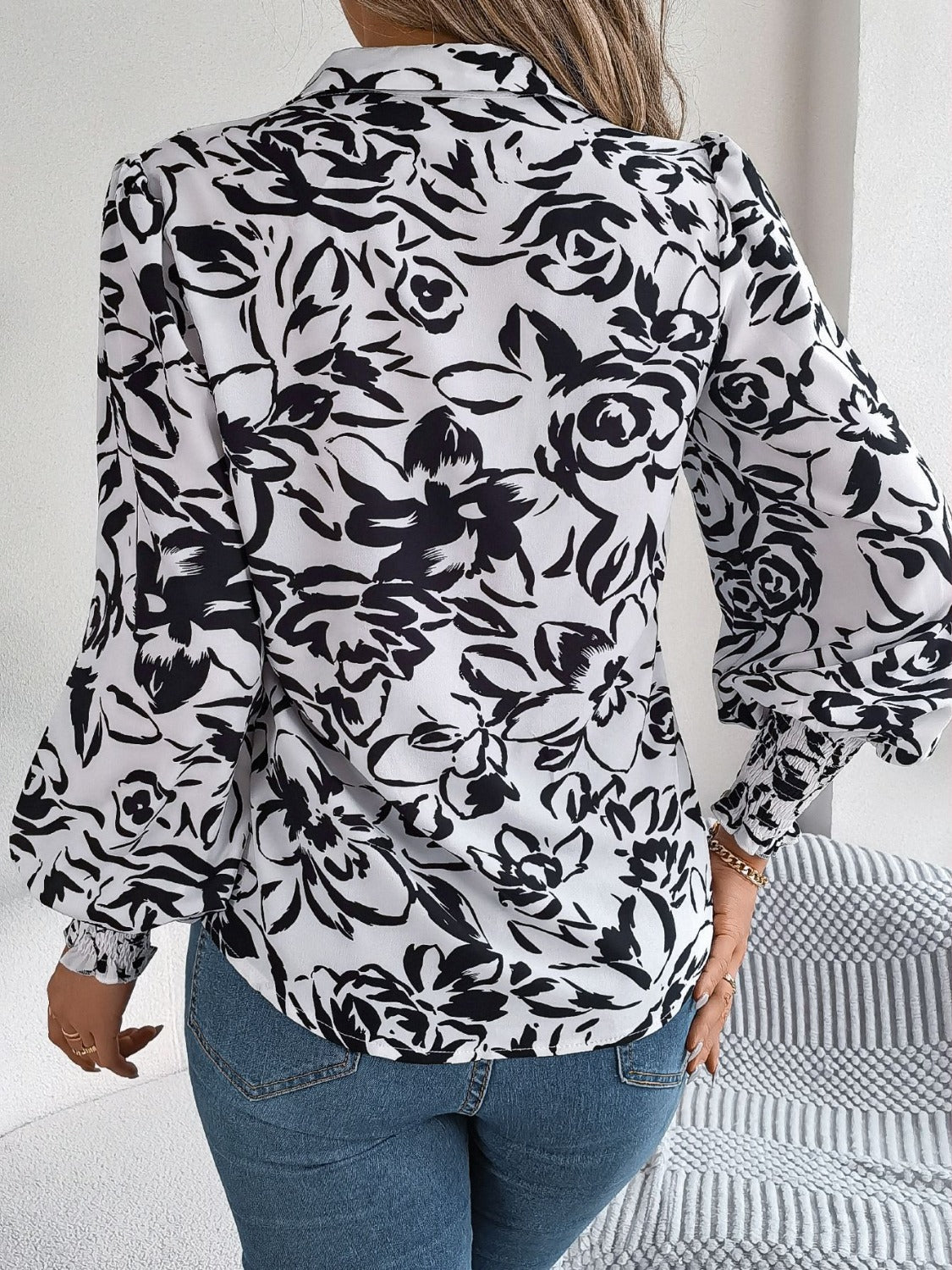 Printed Collared Neck Lantern Sleeve Shirt - Thandynie