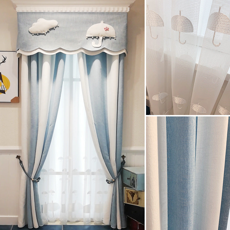 Light Luxury Blue and White Striped Chenille Curtain for Children's Room