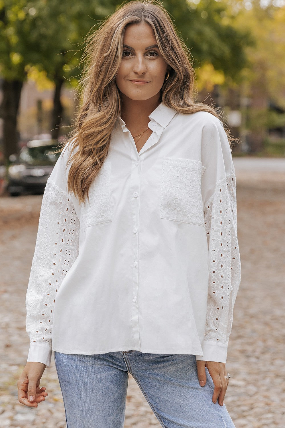 Openwork Button Up Pocketed Shirt White