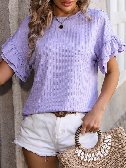 Ruffled Round Neck Short Sleeve Blouse Lavender