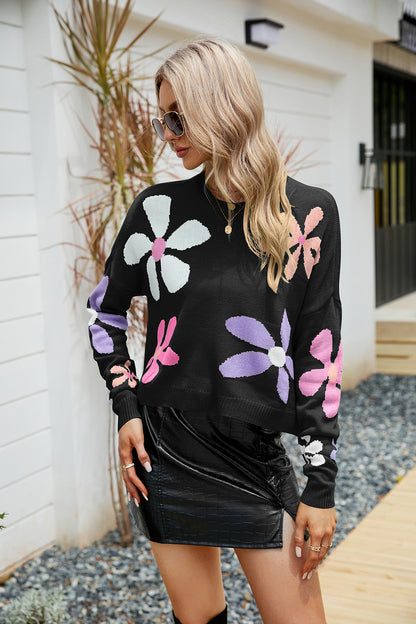 Flower Round Neck Drop Shoulder Sweater Black