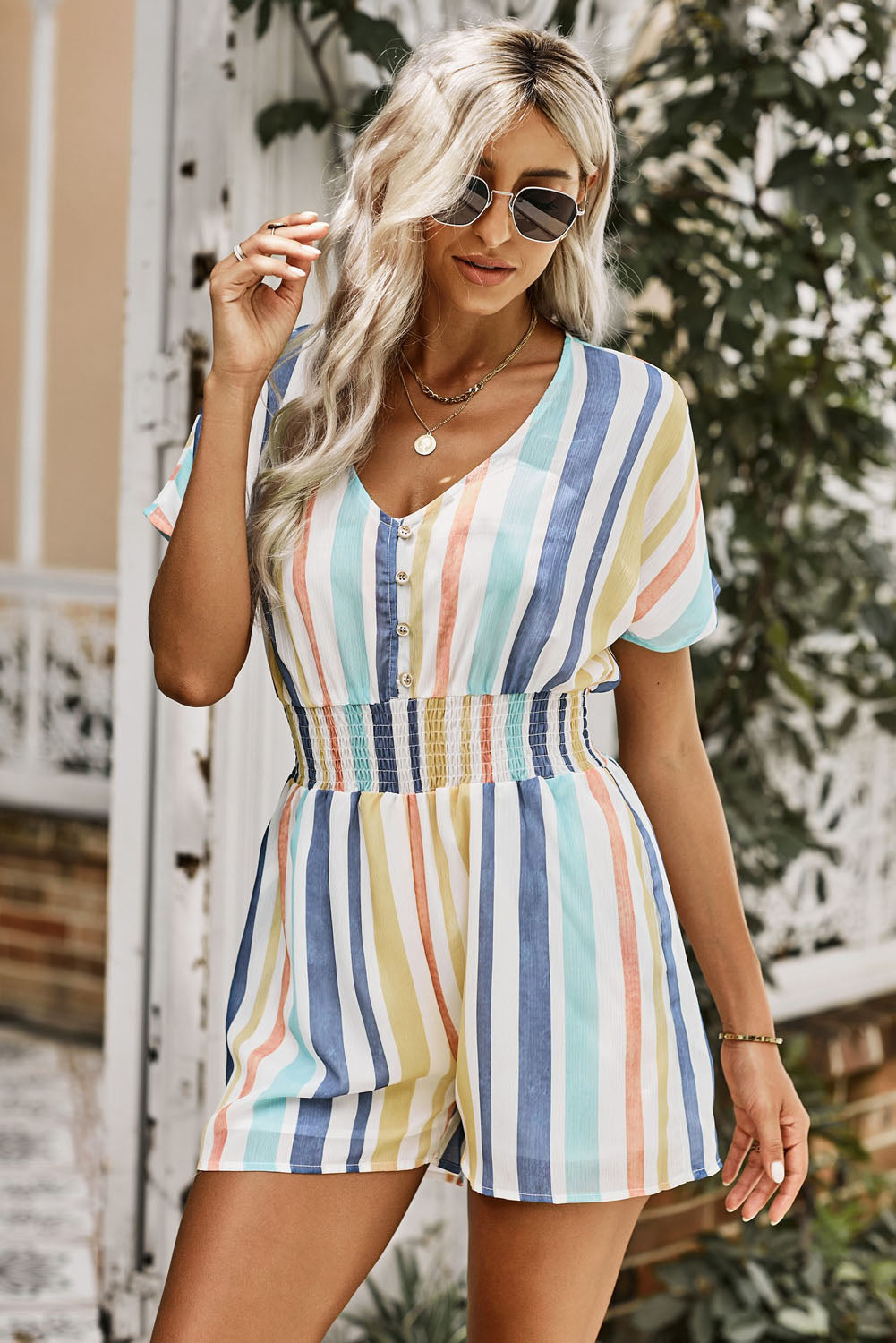 Multicolored Stripe V-Neck Smocked Waist Romper Stripe