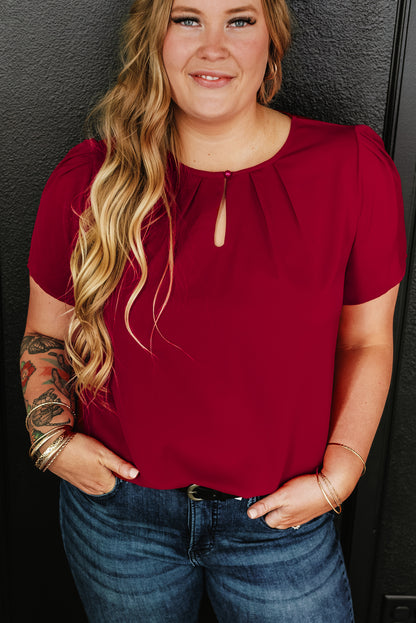 Plus Size Round Neck Short Sleeve Blouse Deep Red