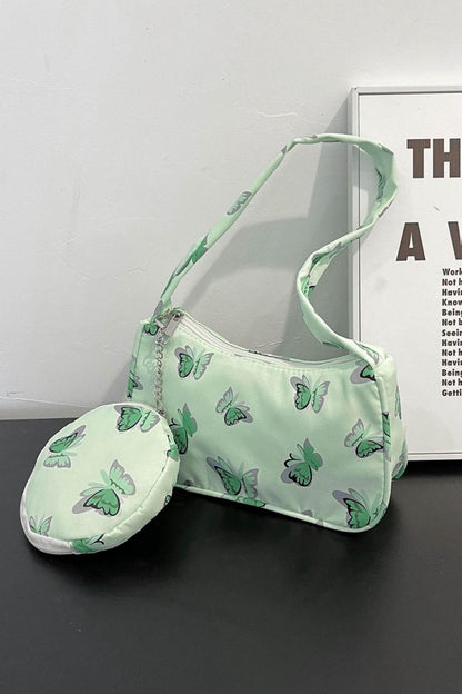 Butterfly Print Shoulder Bag with Purse Light Green One Size