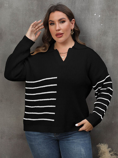 Plus Size Striped V-Neck Sweater Black