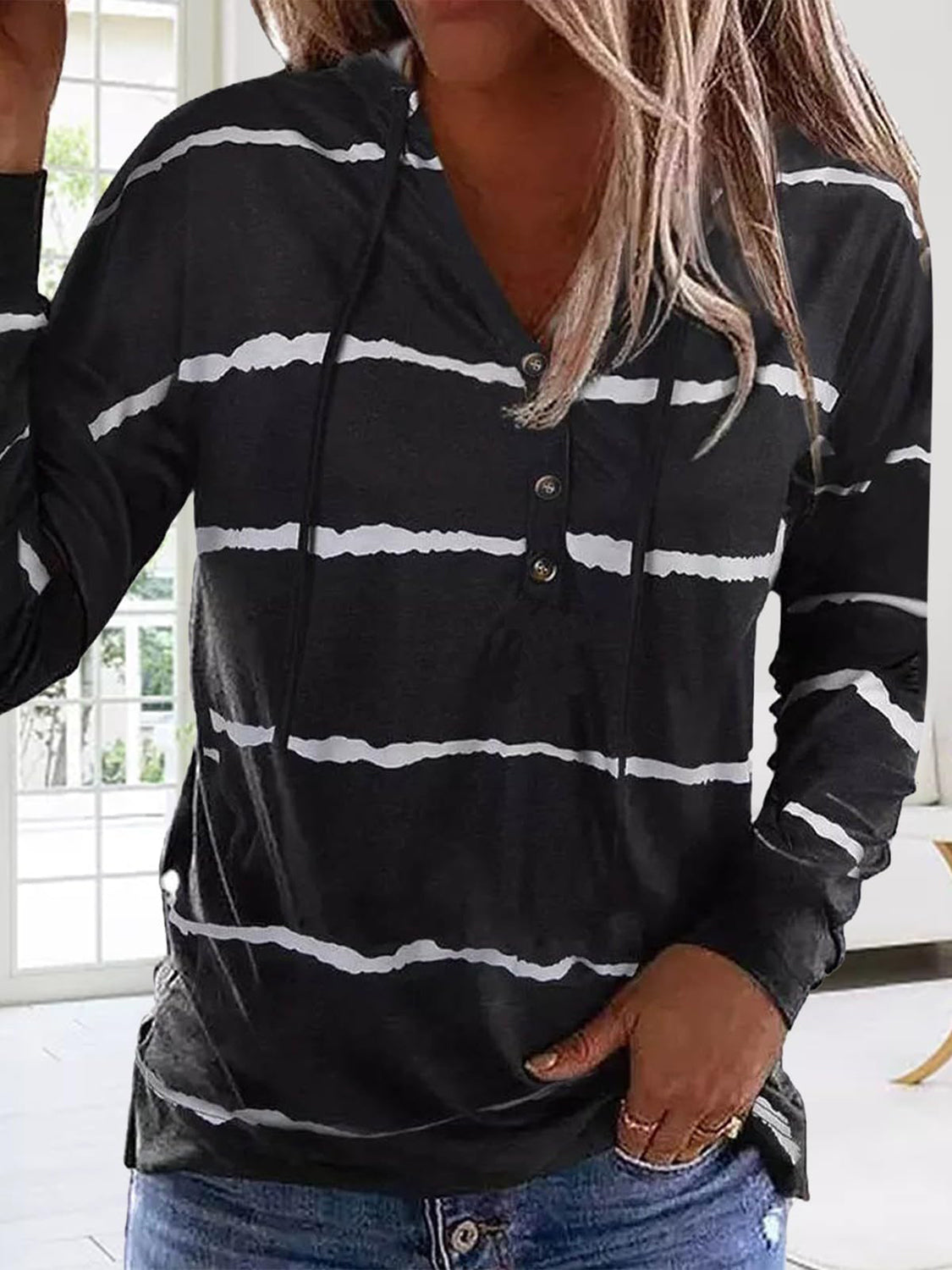 Drawstring Striped Long Sleeve Hoodie Black