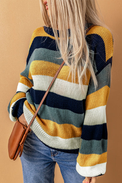 Woven Right Striped Dropped Shoulder Knitted Pullover Sweater