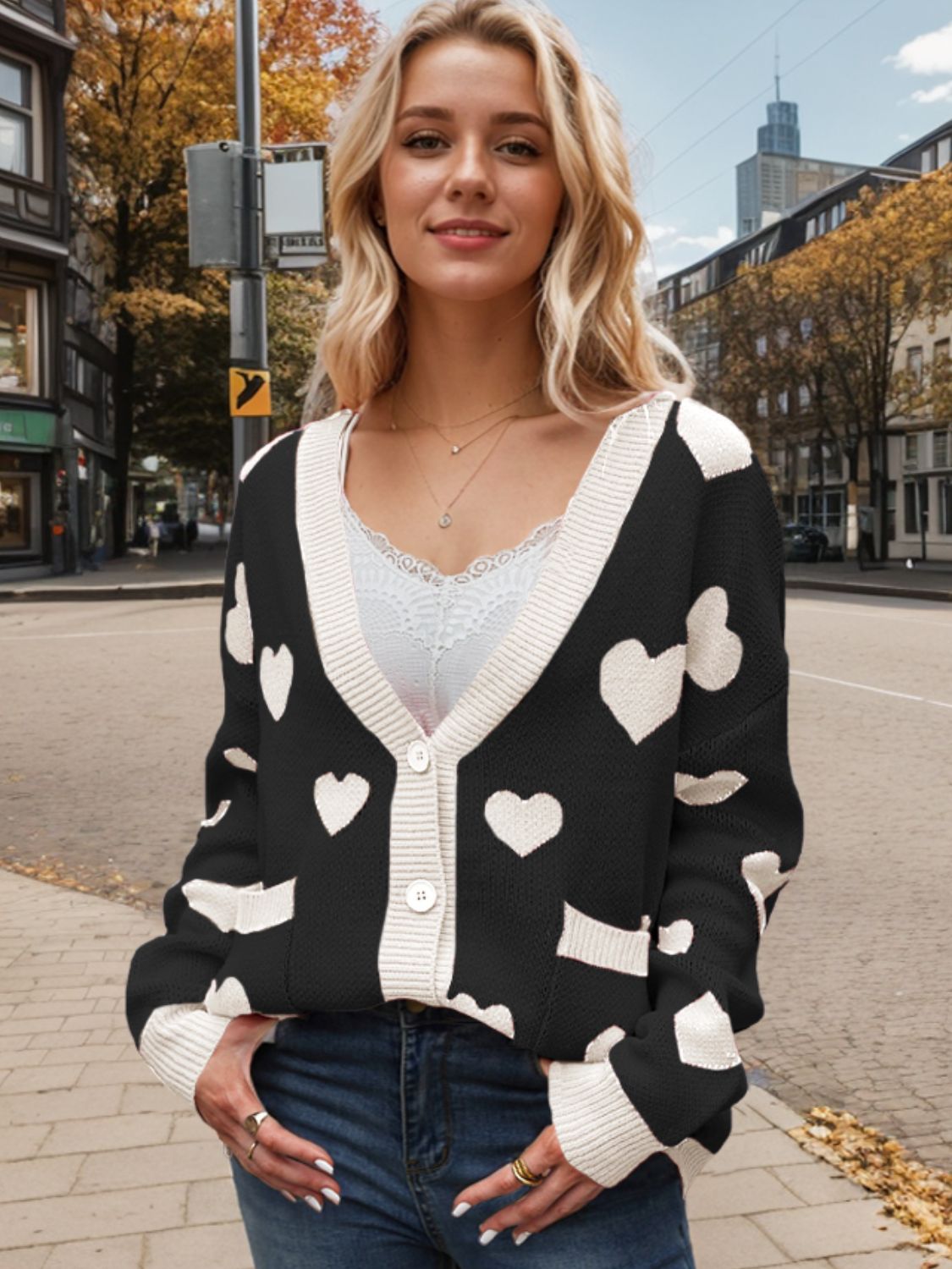 Heart Button Up Dropped Shoulder Long Sleeve Cardigan Black