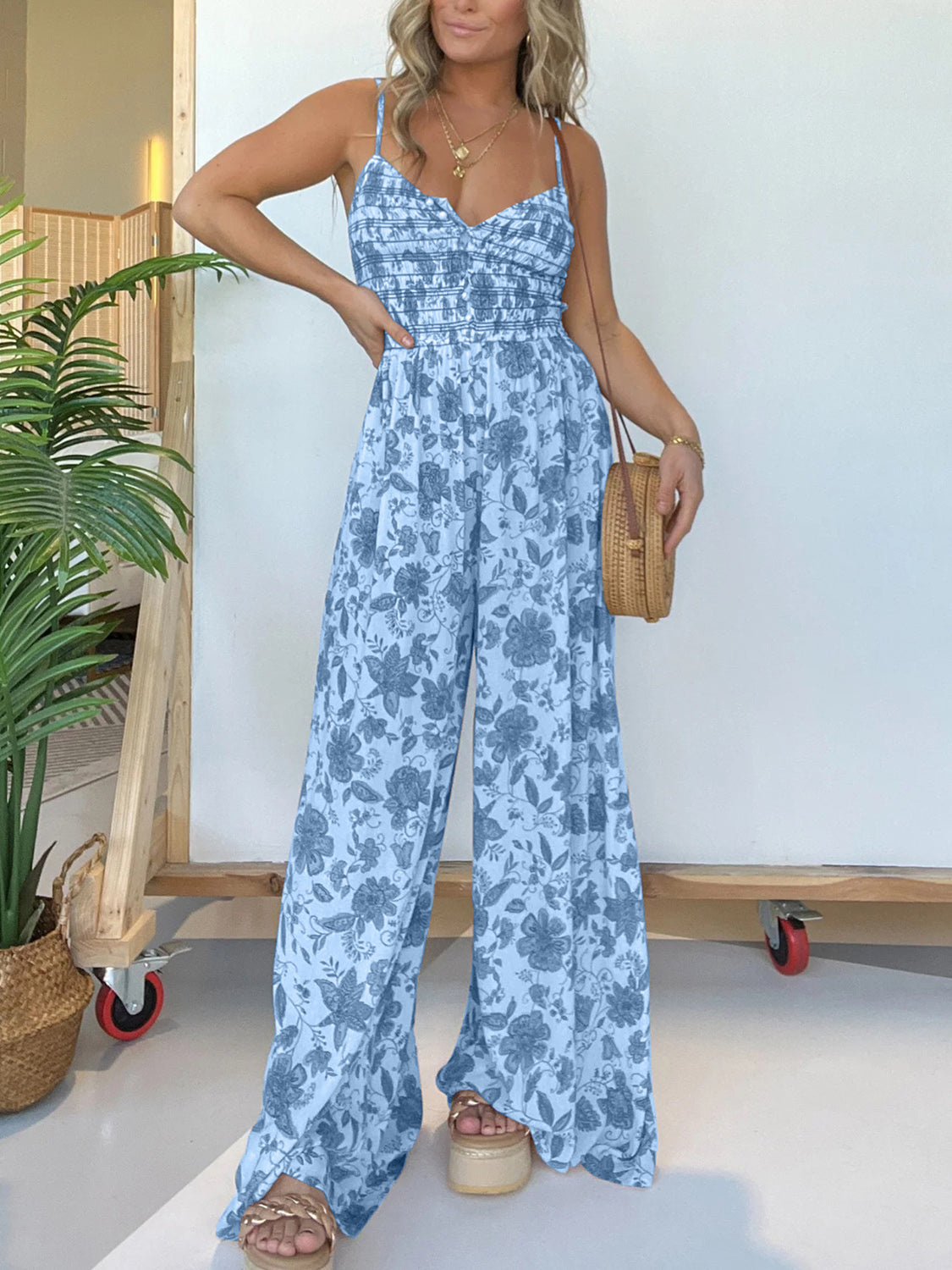 Full Size Printed Spaghetti Strap Wide Leg Jumpsuit Blue