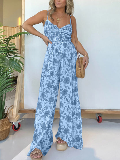 Full Size Printed Spaghetti Strap Wide Leg Jumpsuit Blue