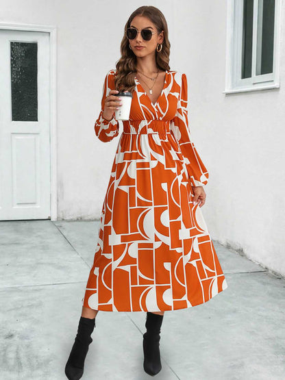 Surplice Neck Long Sleeve Midi Dress Red Orange