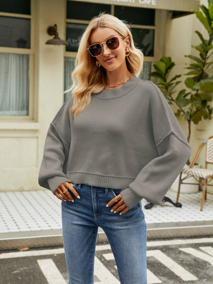 Round Neck Lantern Sleeve Sweater Charcoal