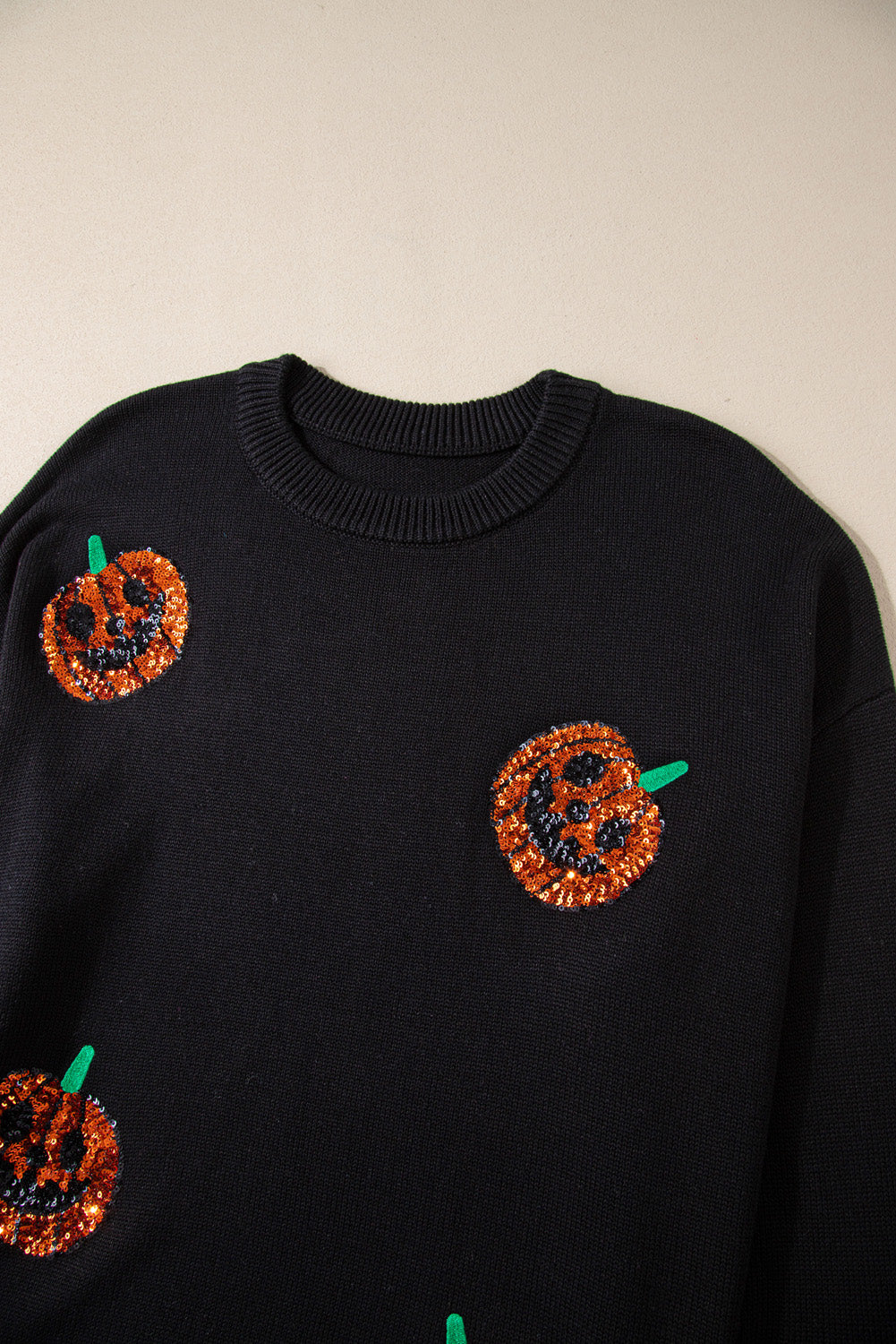 Black Plus Size Halloween Sequined Pumpkin Pattern Sweater