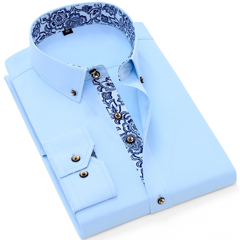 Blue And White Porcelain Collar Business Casual Long Sleeve Shirt Men Light Blue