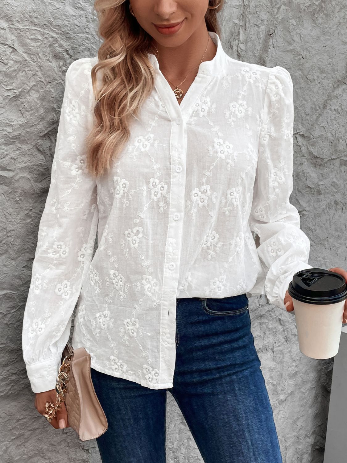 Notched Long Sleeve Shirt White