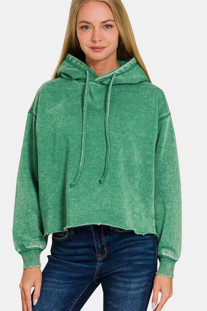 Zenana Acid Wash Fleece Cropped Hoodie Forest