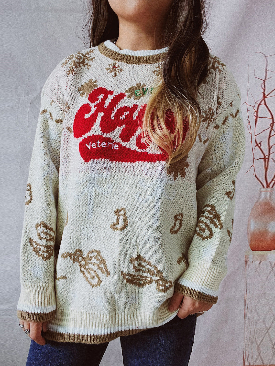 HAPPY Round Neck Long Sleeve Sweater Cream