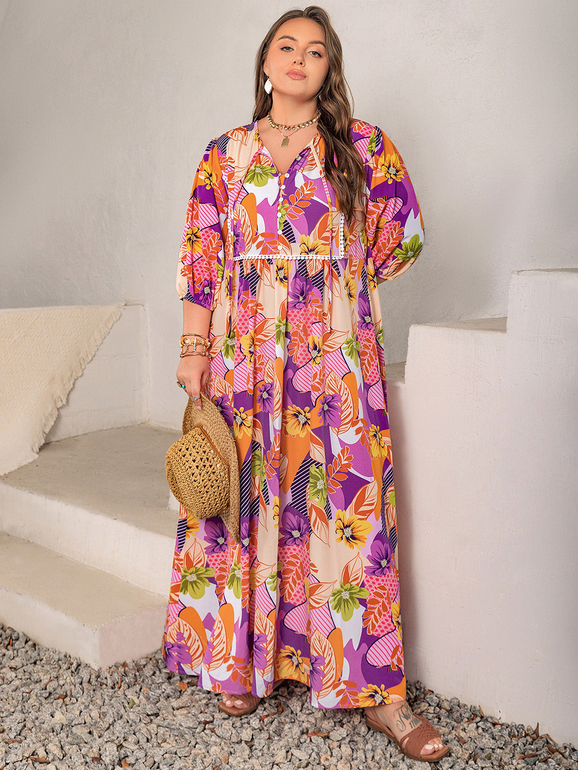 Plus Size Printed Tie Neck Maxi Dress - Thandynie