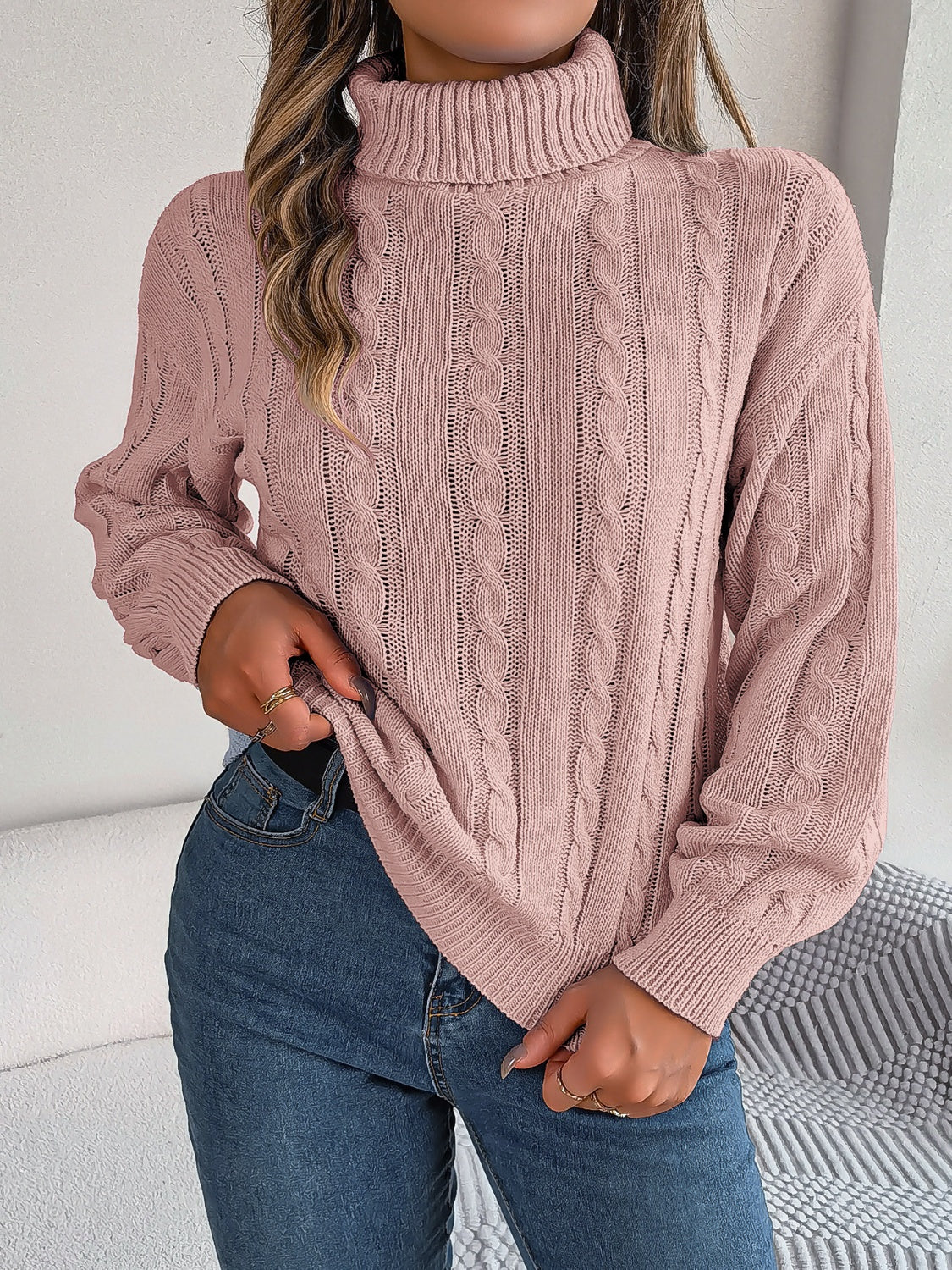 Cable-Knit Turtleneck Dropped Shoulder Sweater Dusty Pink