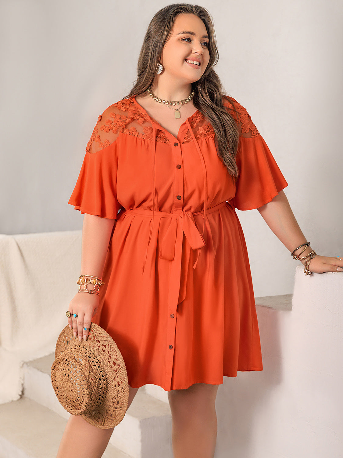 Plus Size Lace Button Up Half Sleeve Dress - Thandynie