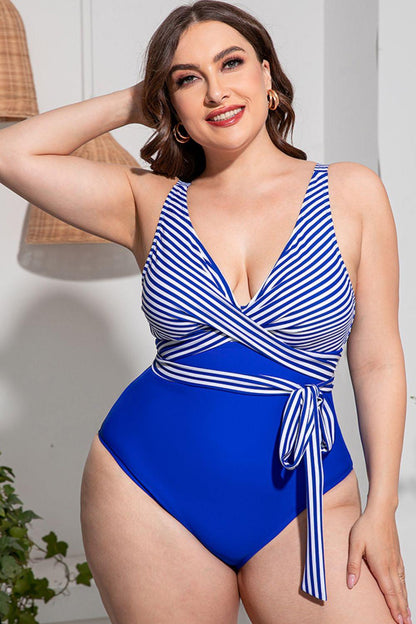 Plus Size Striped Tie-Waist One-Piece Swimsuit Blue