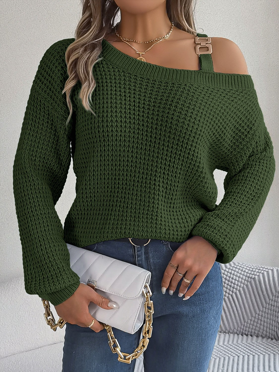 Asymmetrical Neck Long Sleeve Sweater Army Green