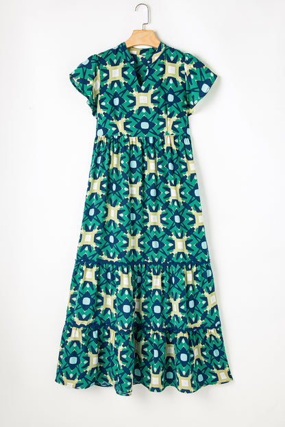 Sea Green Geo Print V-neck Maxi Dress