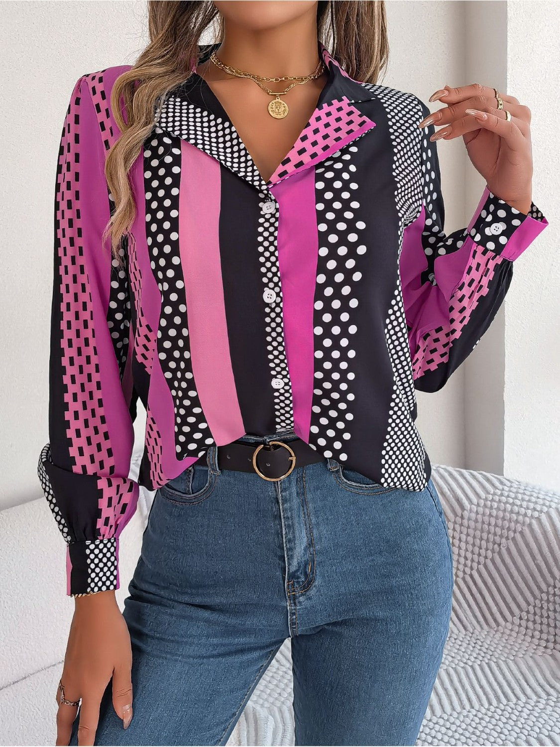 Polka Dot Contrast Long Sleeve Shirt Hot Pink