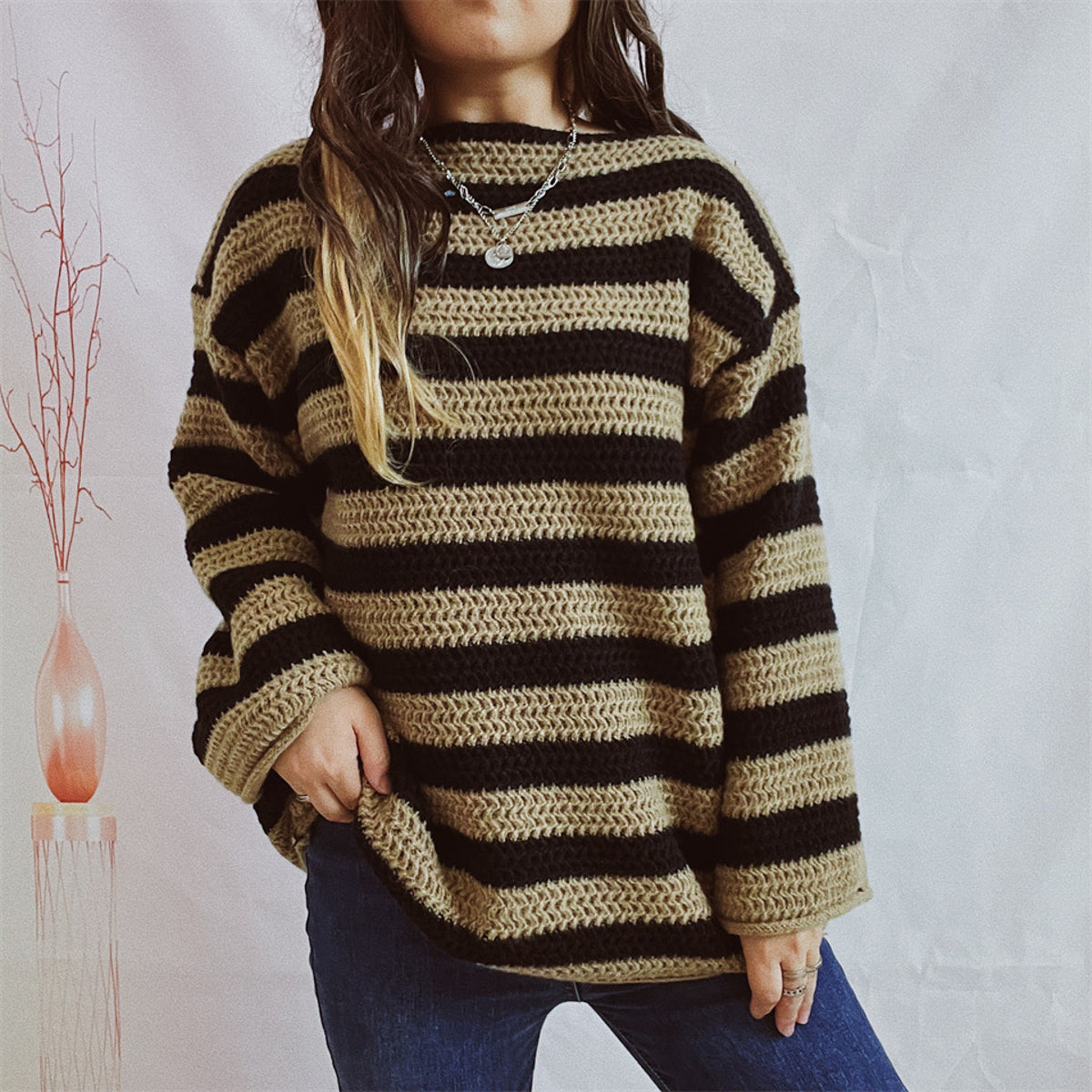 Striped Round Neck Long Sleeve Sweater Olive Brown