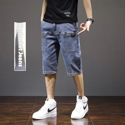 Six-pocket Jeans Men's Stretch Fashion Straight Loose Cropped Pants