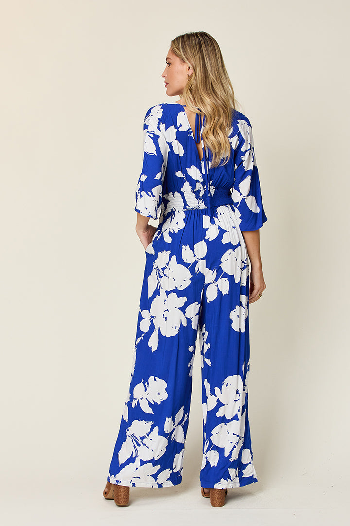 Double Take Full Size Printed Tie Back Wide Leg Jumpsuit - Thandynie