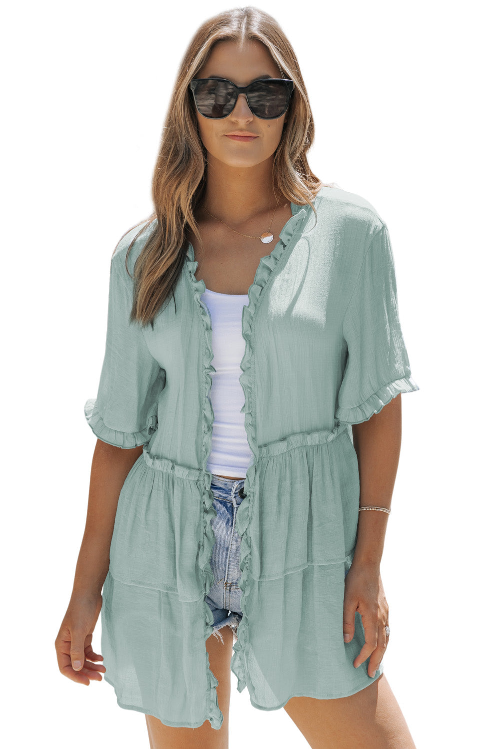 Green Ruffled Trim Half Sleeve Open Front Kimono