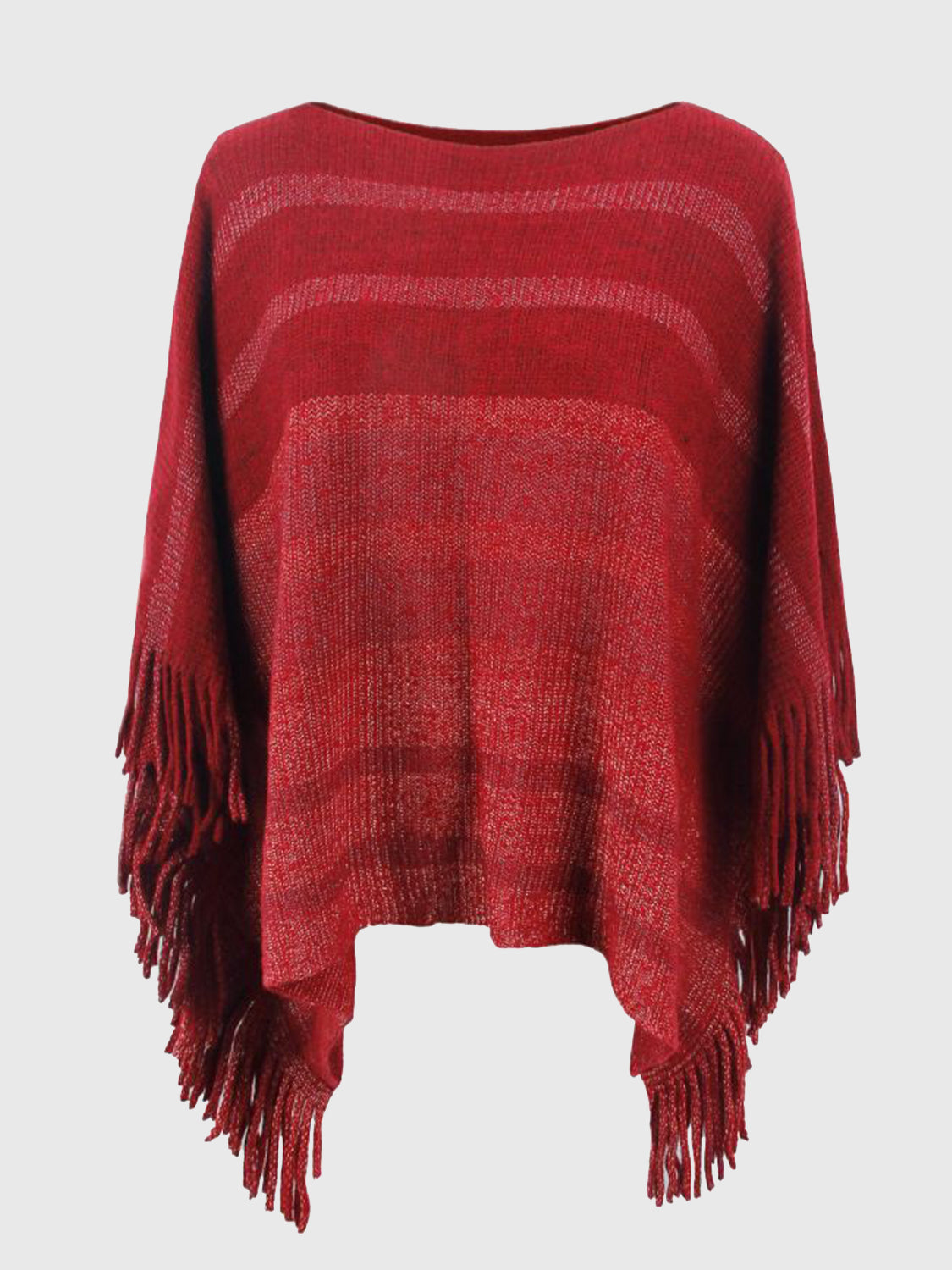 Striped Boat Neck Poncho with Fringes - Thandynie