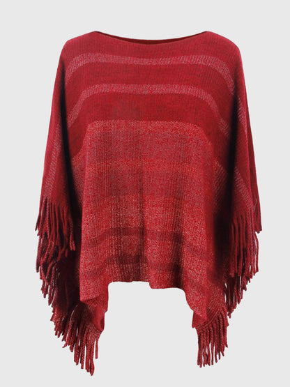 Striped Boat Neck Poncho with Fringes Deep Red One Size