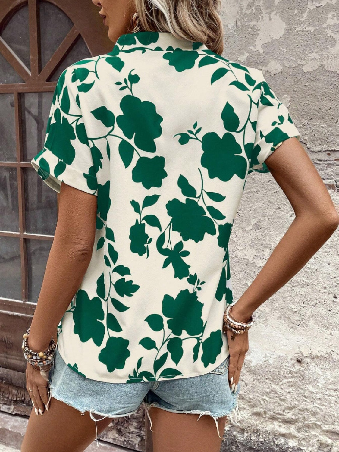 Flower Notched Short Sleeve Blouse Dark Green