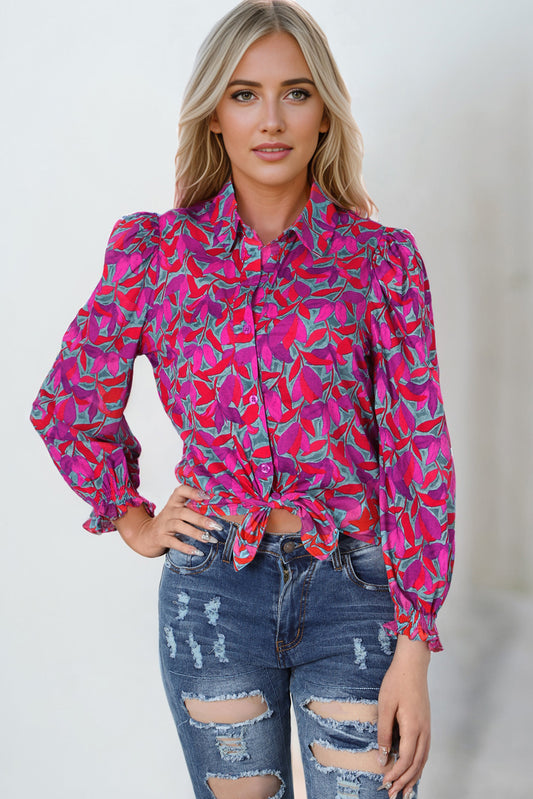 Printed Collared Neck Long Sleeve Shirt Multicolor