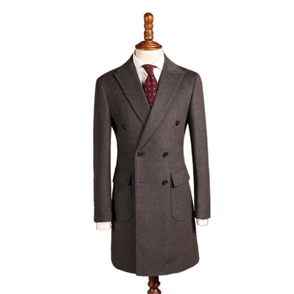 Herringbone Woolen Slim Fit Men's Mid-Length Double Breasted Coat Coffee