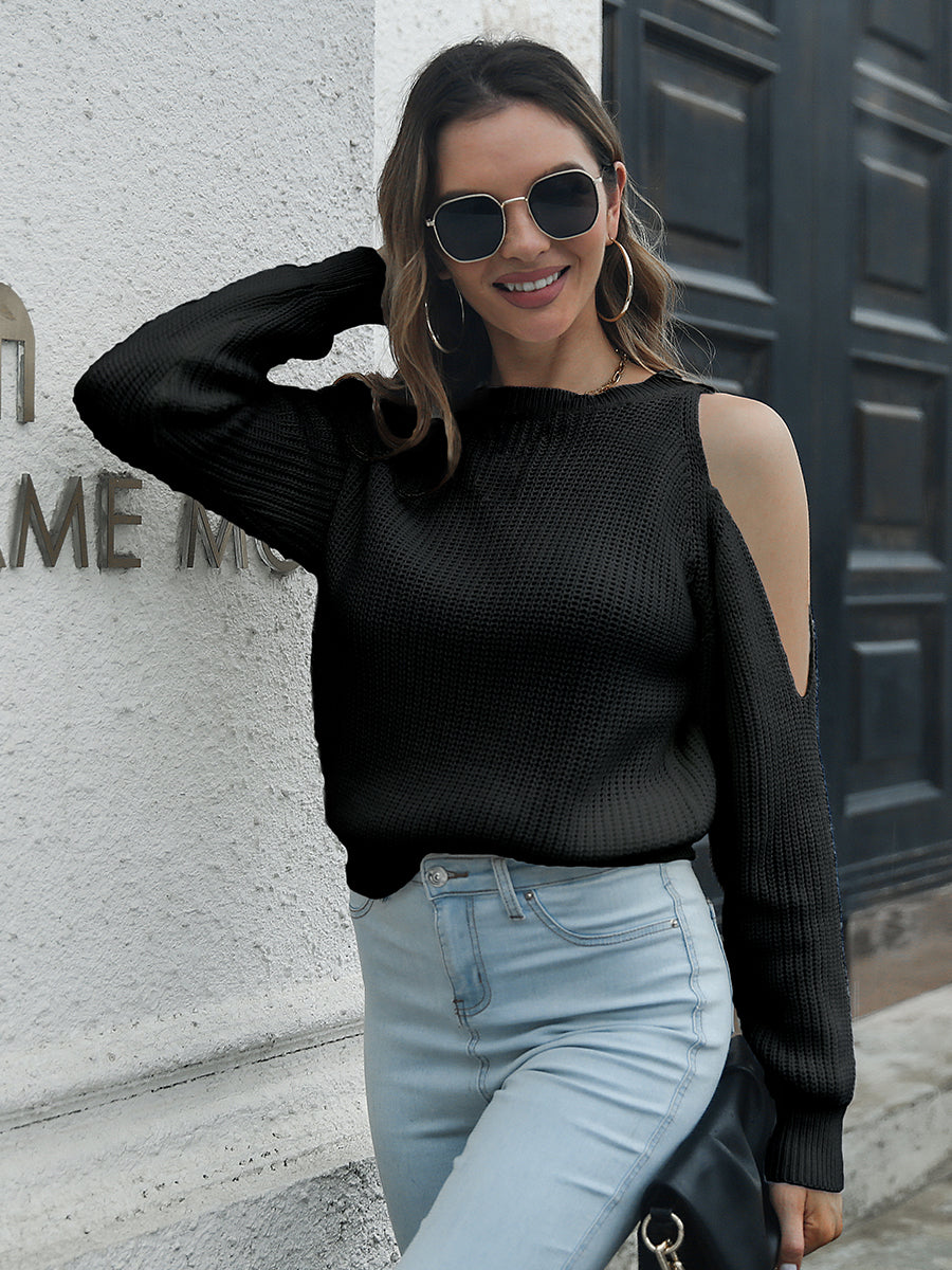 Cold-Shoulder Round Neck Sweater Black