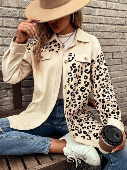 Full Size Leopard Collared Shirt Sand