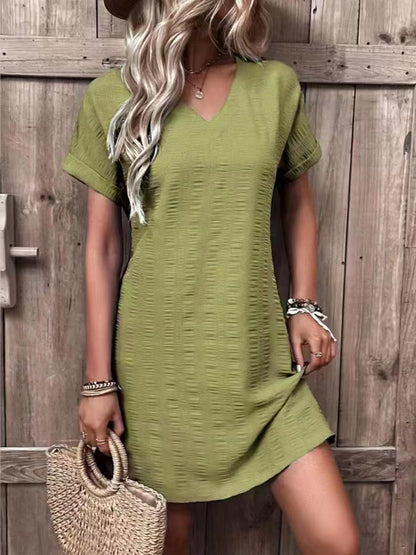 Full Size V-Neck Short Sleeve Mini Dress Yellow-Green