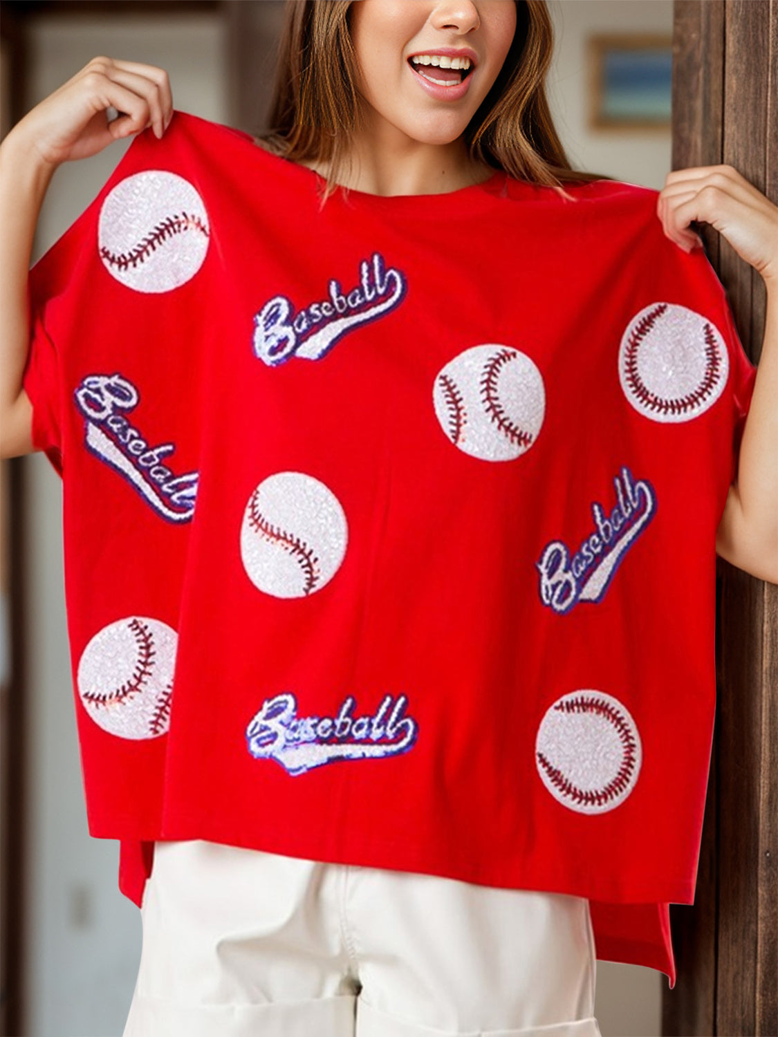 Baseball Round Neck Half Sleeve T-Shirt Red