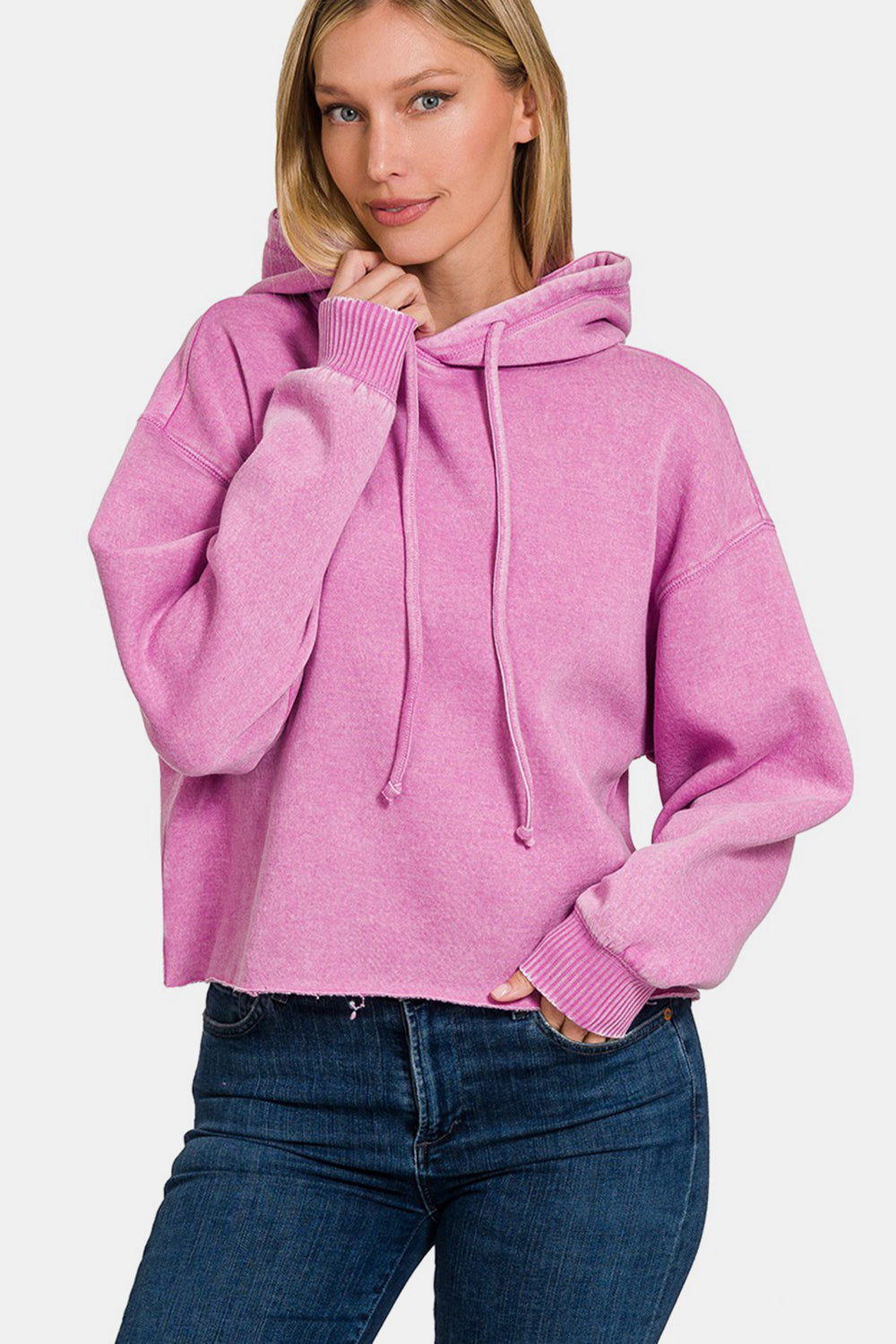 Zenana Acid Wash Fleece Cropped Hoodie Mauve