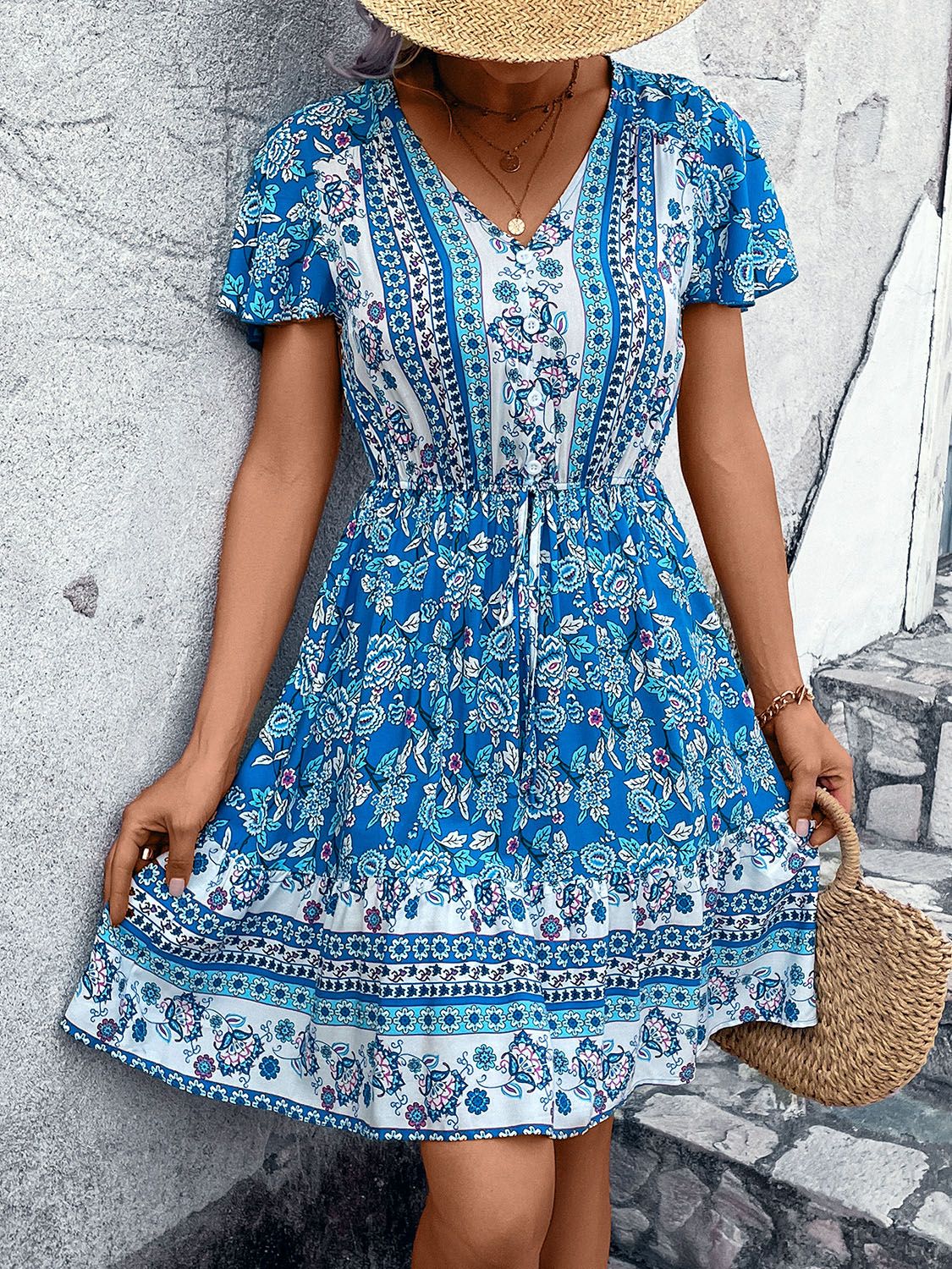 Printed V-Neck Flutter Sleeve Mini Dress