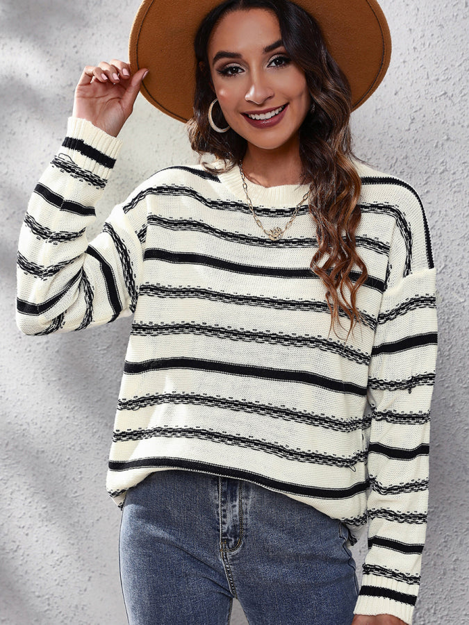 Striped Round Neck Dropped Shoulder Sweater Beige