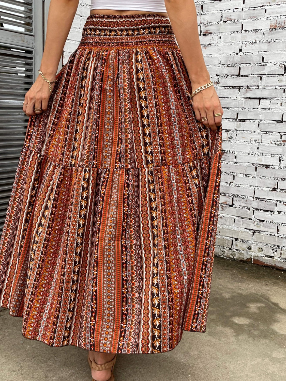 Printed Elastic Waist Maxi Skirt - Thandynie