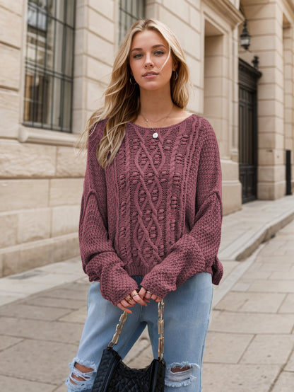 Round Neck Dropped Shoulder Long Sleeve Sweater Mauve