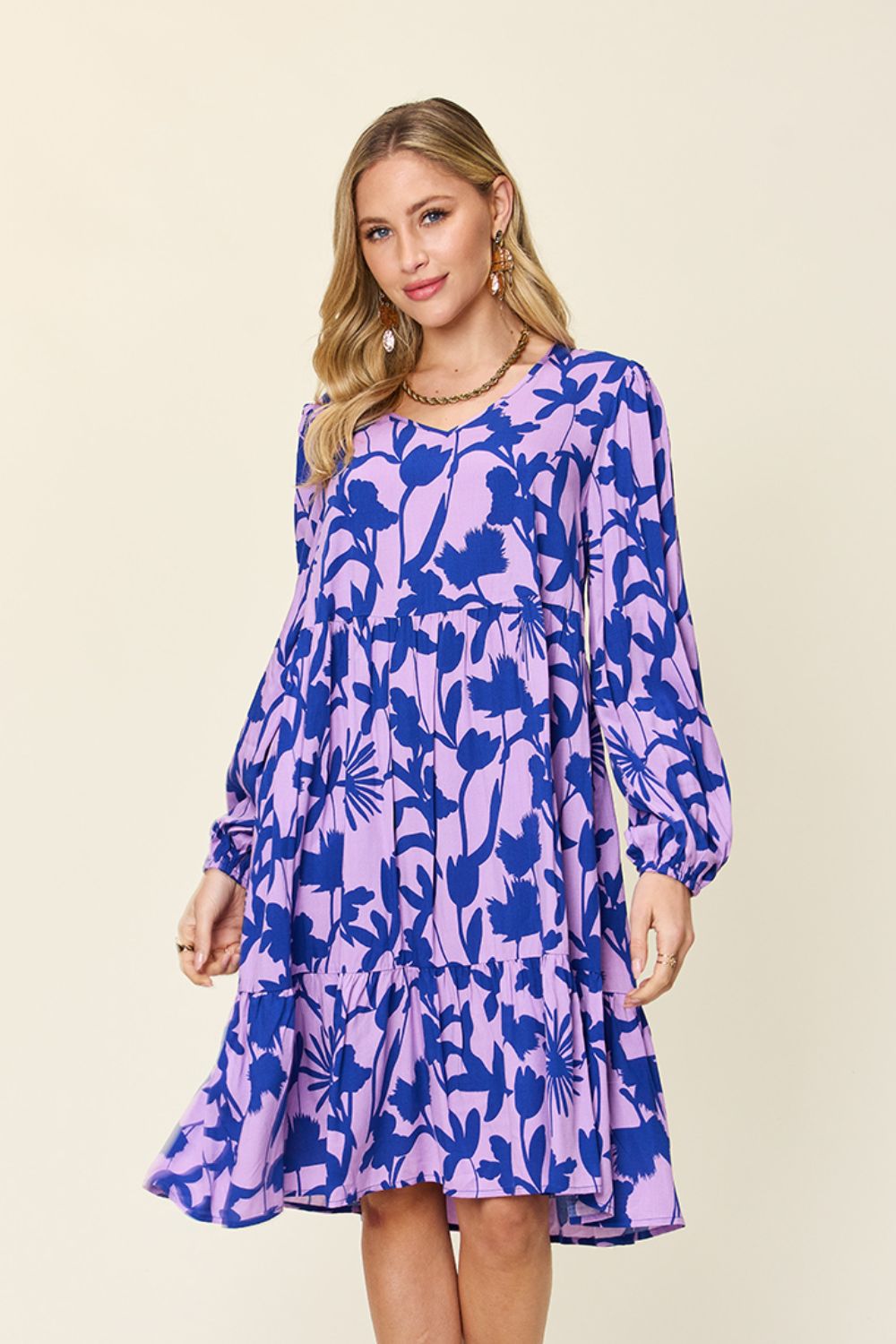 Double Take Full Size Printed Ruffle Hem Long Sleeve Dress Lavender