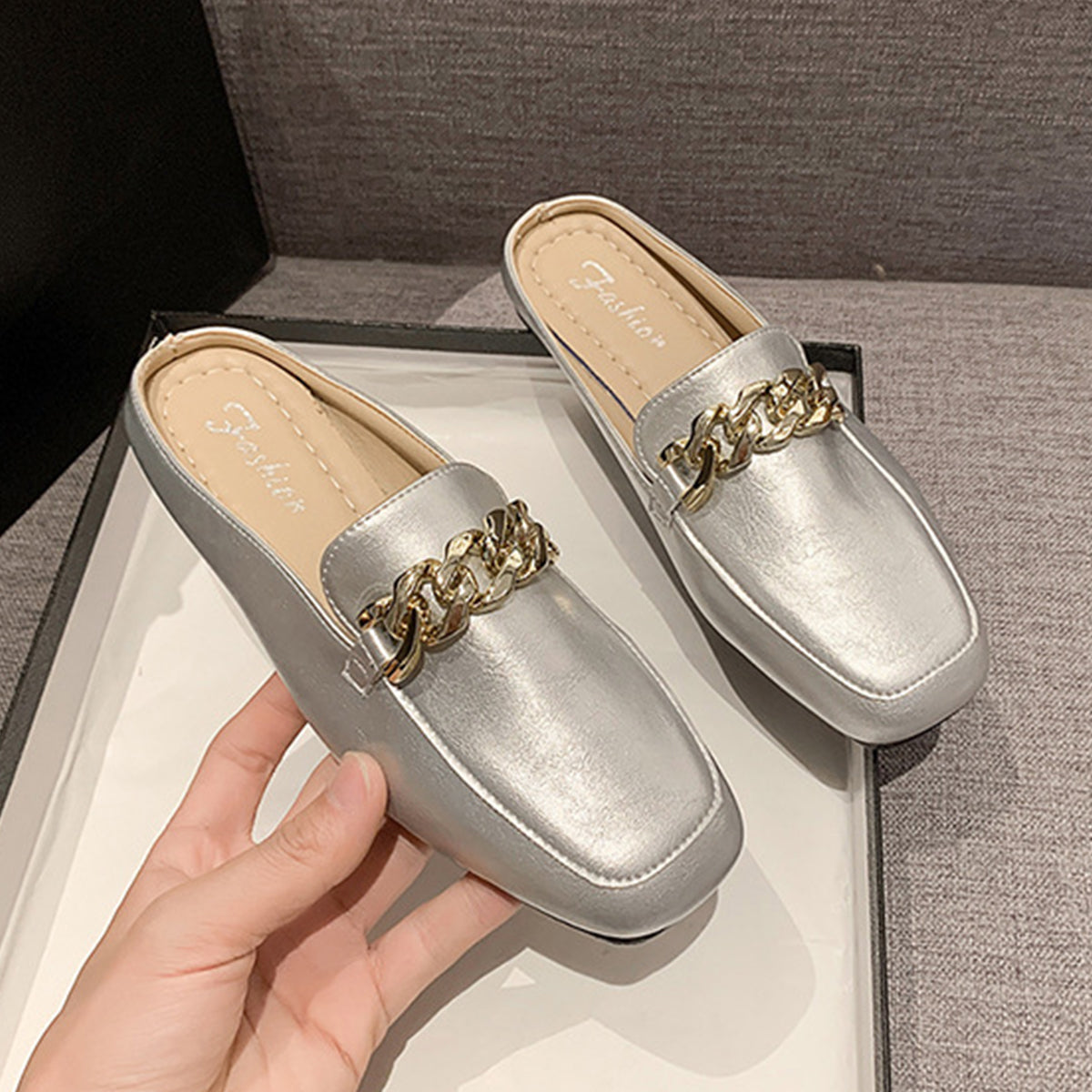 PU Leather Square Toe Flat Loafers Silver