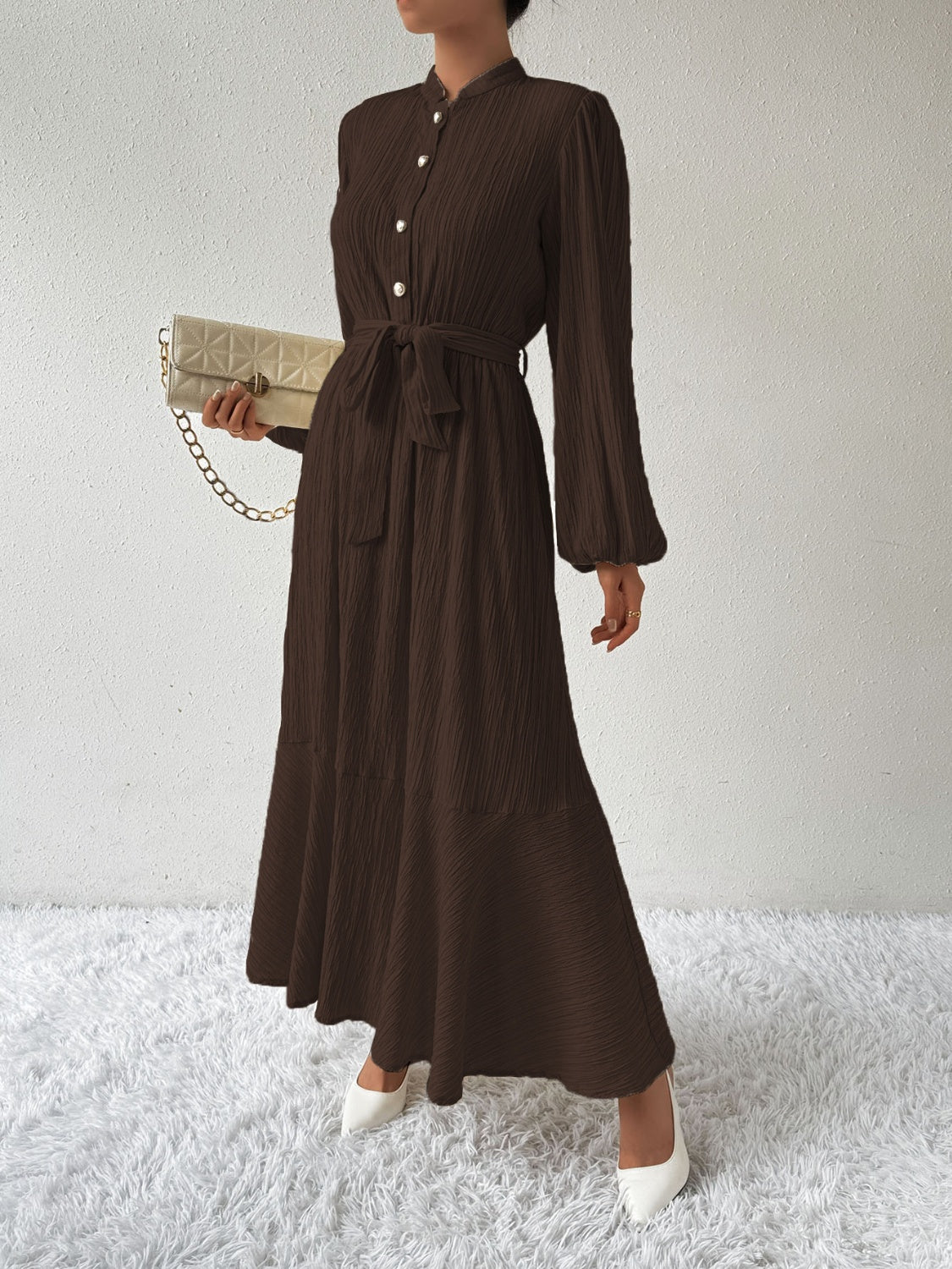 Tie Waist Long Sleeve Dress - Thandynie